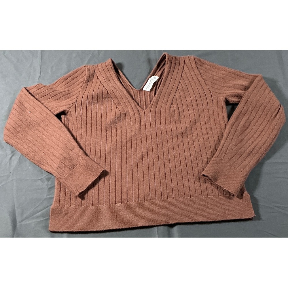 Abercrombie & Fitch Soft A&F Ribbed V-Neck Sweater Terracotta Brown XS